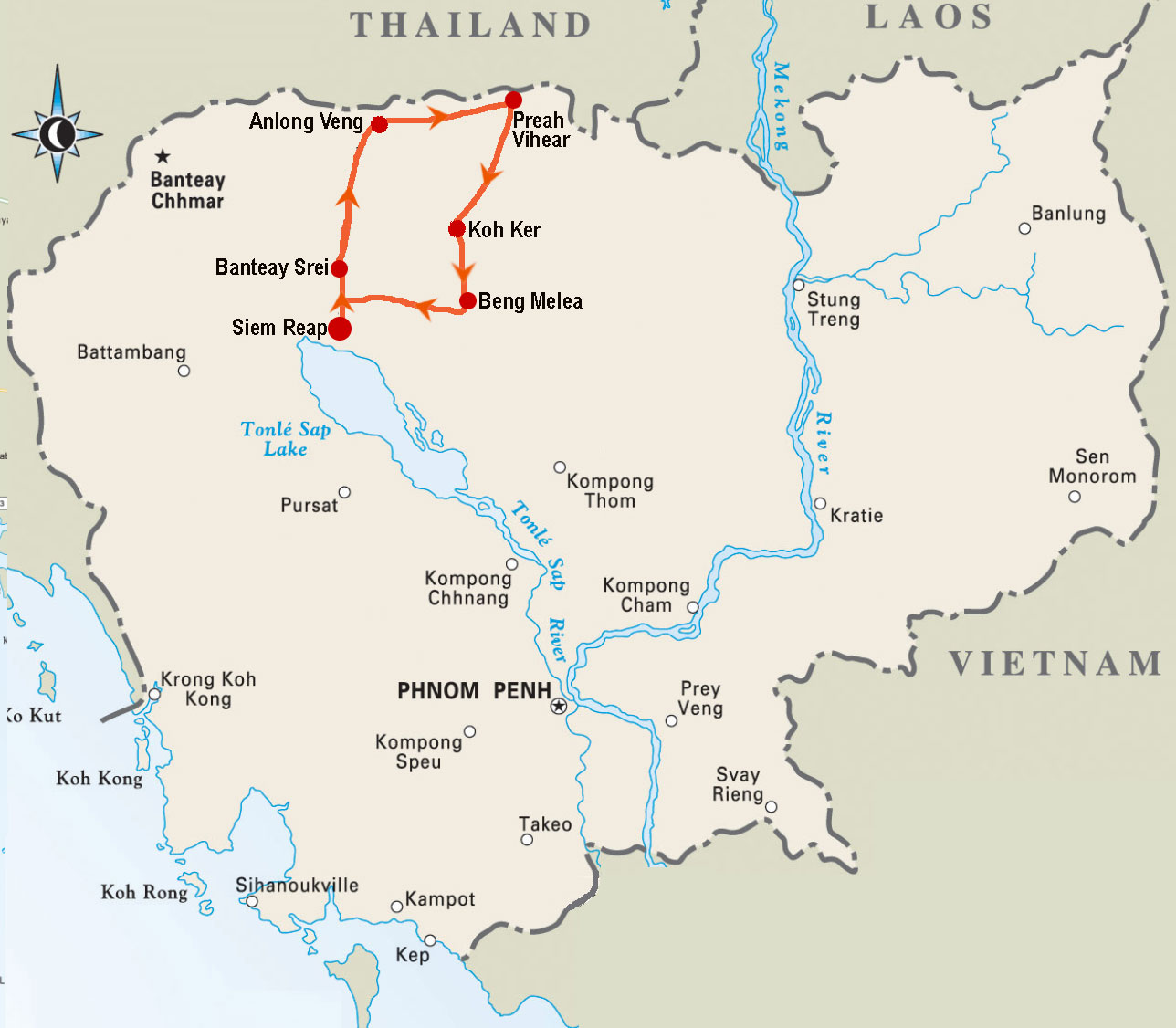 Map 4 days, 3 nights “Looking Back” Anlong Veng, Preah Vihear, Koh Ker, and Beng Melea Tours Tour